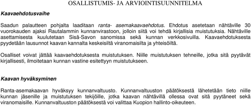 Nähtäville asettamisesta kuulutetaan Sisä-Savon sanomissa sekä kunnan verkkosivuilla. Kaavaehdotuksesta pyydetään lausunnot kaavan kannalta keskeisiltä viranomaisilta ja yhteisöiltä.