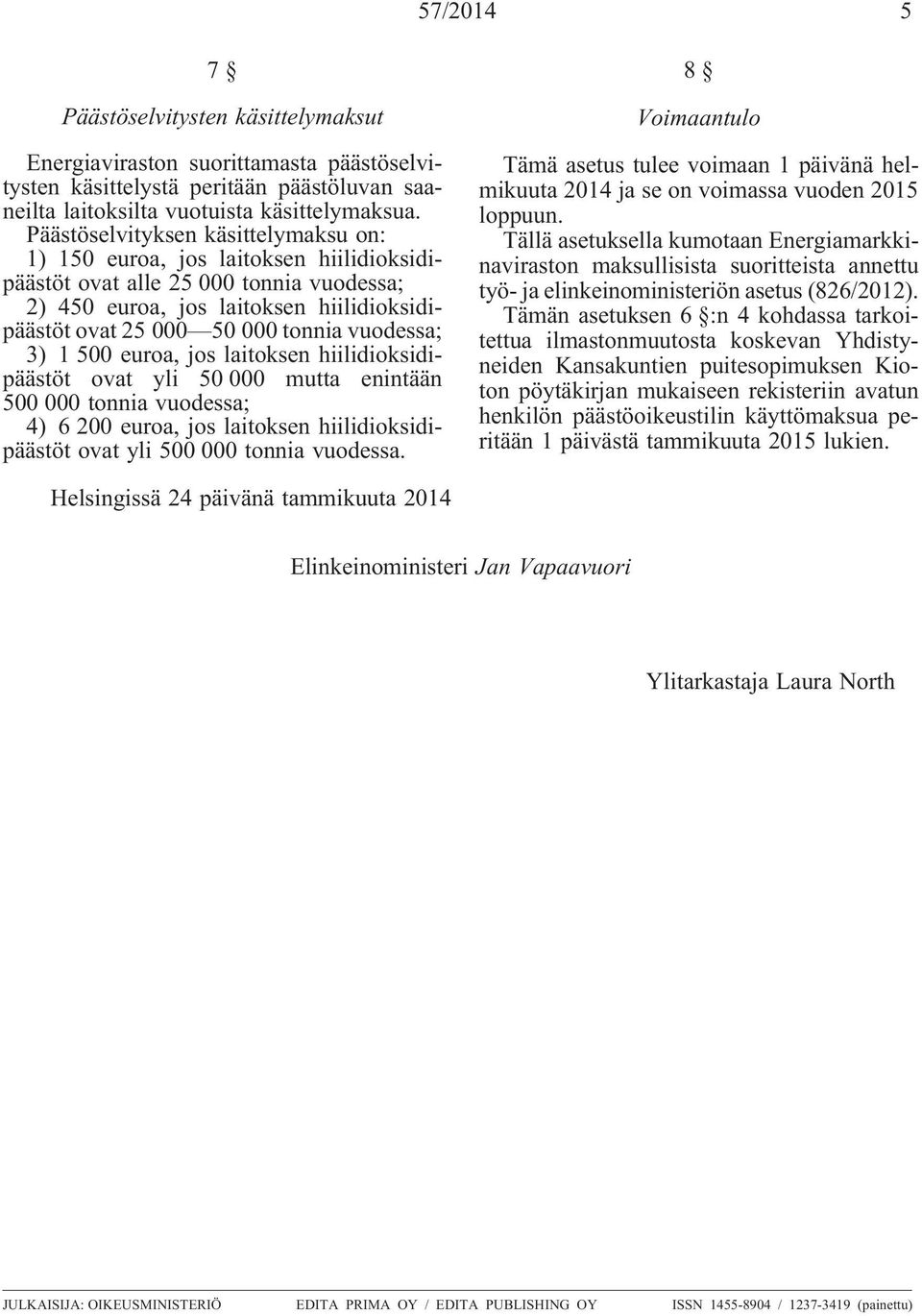 vuodessa; 3) 1 500 euroa, jos laitoksen hiilidioksidipäästöt ovat yli 50 000 mutta enintään 500 000 tonnia vuodessa; 4) 6 200 euroa, jos laitoksen hiilidioksidipäästöt ovat yli 500 000 tonnia