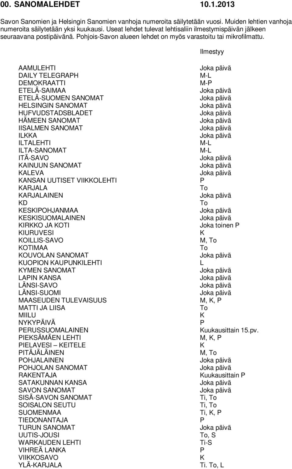 Ilmestyy AAMULEHTI DAILY TELEGRAH DEMORAATTI ETELÄ-SAIMAA ETELÄ-SUOMEN SANOMAT HELSINGIN SANOMAT HUFVUDSTADSBLADET HÄMEEN SANOMAT IISALMEN SANOMAT ILA ILTALEHTI ILTA-SANOMAT ITÄ-SAVO AINUUN SANOMAT