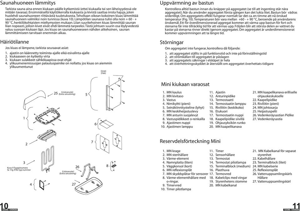 Teholtaan oikean kokoinen kiuas lämmittää saunahuoneen valmiiksi noin tunnissa (kuva 10). Lämpötilan saunassa tulisi olla noin + 0 - + 90 C, henkilökohtaisten mieltymysten mukaan.