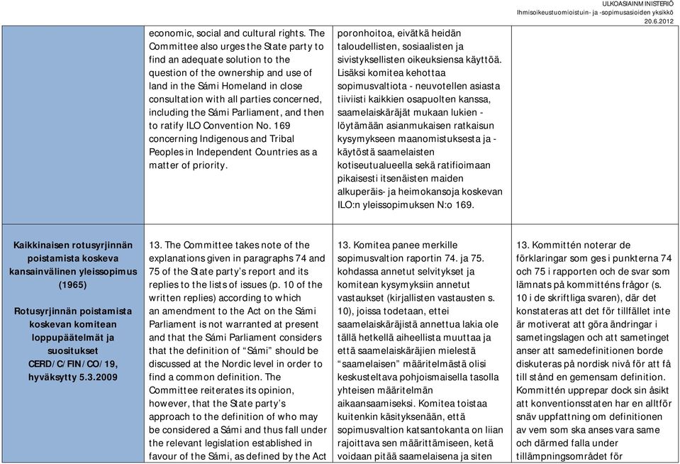 the Sámi Parliament, and then to ratify ILO Convention No. 169 concerning Indigenous and Tribal Peoples in Independent Countries as a matter of priority.