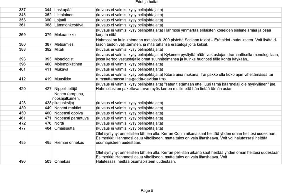 Hahmosi on kuin kotonaan metsässä. 300 pistettä Sotilaan taidot Erätaidot -putoukseen. Voit lisätä d- 380 387 Metsämies tason taidon Jäljittäminen, ja mitä tahansa erätaitoja joita keksit.