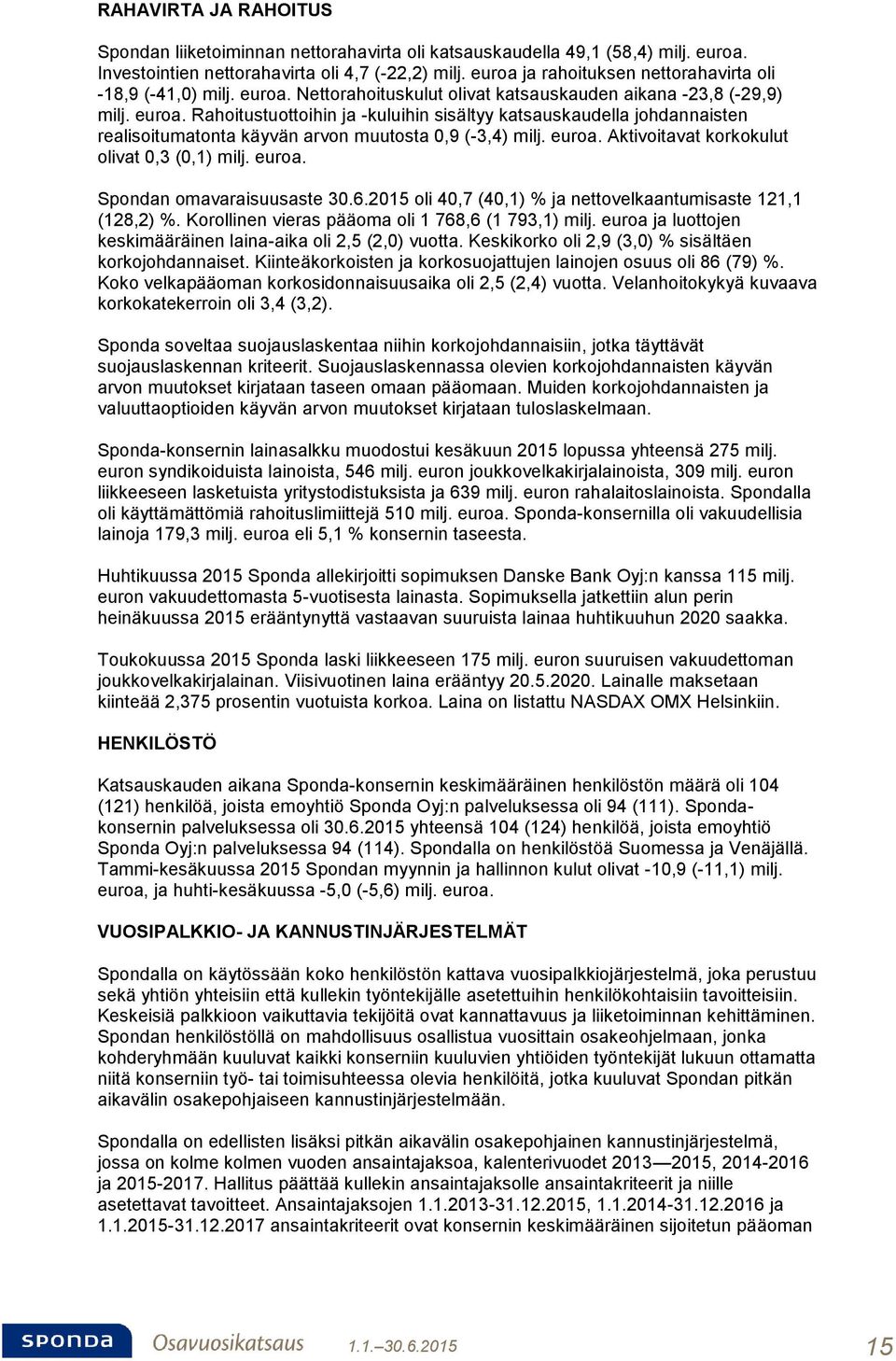 euroa. Aktivoitavat korkokulut olivat 0,3 (0,1) milj. euroa. Spondan omavaraisuusaste oli 40,7 (40,1) % ja nettovelkaantumisaste 121,1 (128,2) %. Korollinen vieras pääoma oli 1 768,6 (1 793,1) milj.