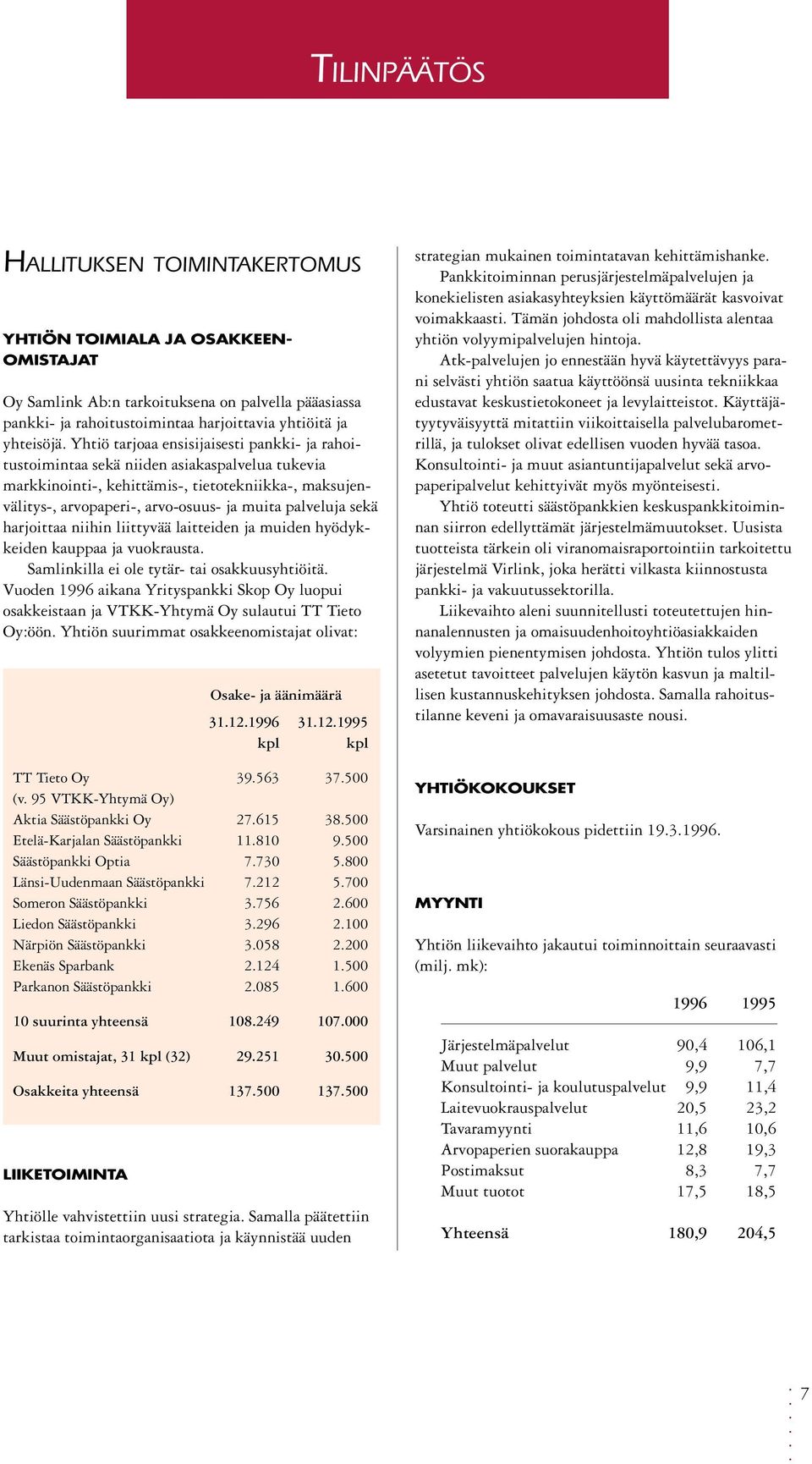 palveluja sekä harjoittaa niihin liittyvää laitteiden ja muiden hyödykkeiden kauppaa ja vuokrausta. Samlinkilla ei ole tytär- tai osakkuusyhtiöitä.