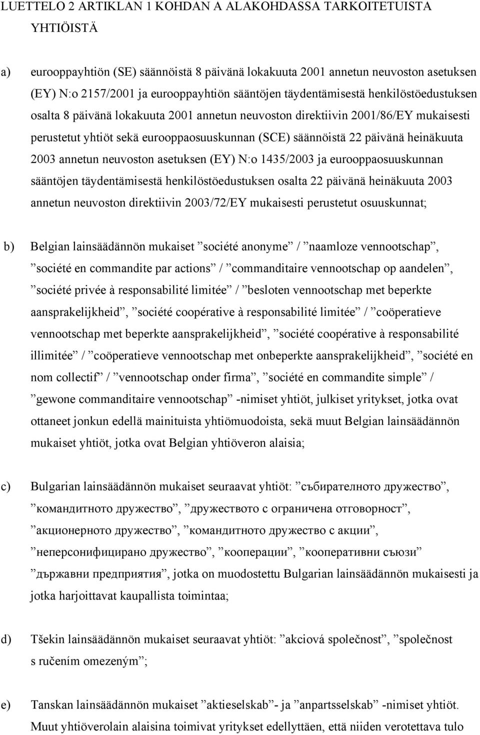 päivänä heinäkuuta 2003 annetun neuvoston asetuksen (EY) N:o 1435/2003 ja eurooppaosuuskunnan sääntöjen täydentämisestä henkilöstöedustuksen osalta 22 päivänä heinäkuuta 2003 annetun neuvoston