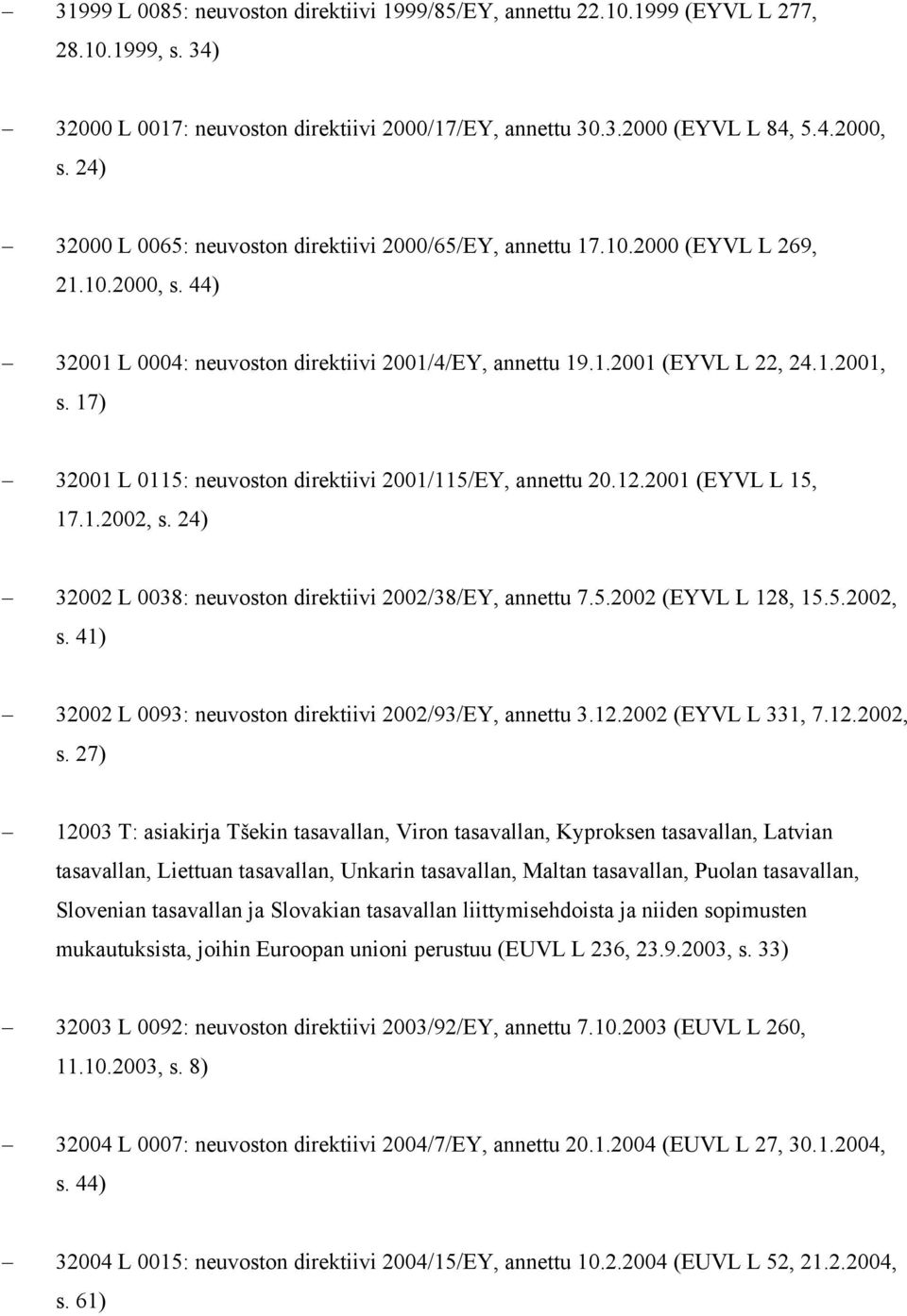 17) 32001 L 0115: neuvoston direktiivi 2001/115/EY, annettu 20.12.2001 (EYVL L 15, 17.1.2002, s. 24) 32002 L 0038: neuvoston direktiivi 2002/38/EY, annettu 7.5.2002 (EYVL L 128, 15.5.2002, s. 41) 32002 L 0093: neuvoston direktiivi 2002/93/EY, annettu 3.