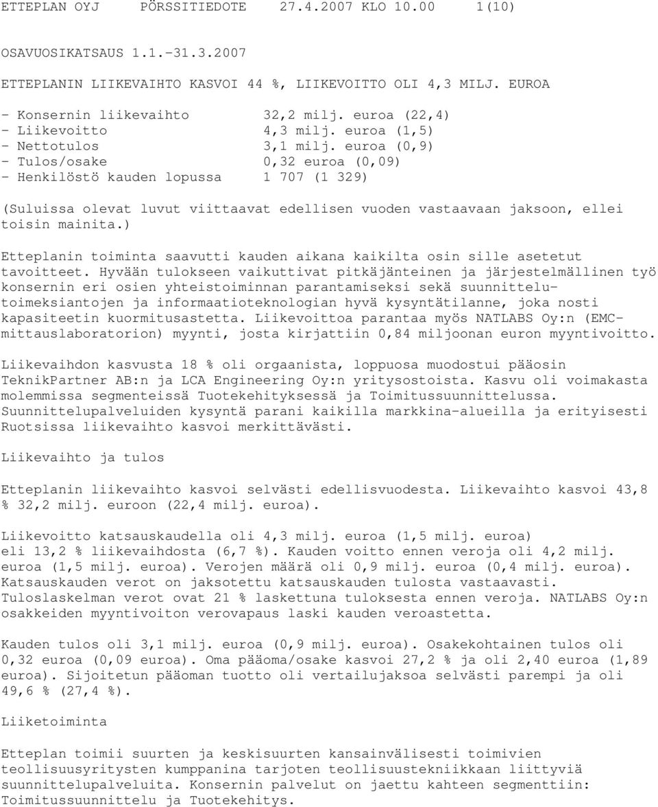 euroa (0,9) - Tulos/osake 0,32 euroa (0,09) - Henkilöstö kauden lopussa 1 707 (1 329) (Suluissa olevat luvut viittaavat edellisen vuoden vastaavaan jaksoon, ellei toisin mainita.