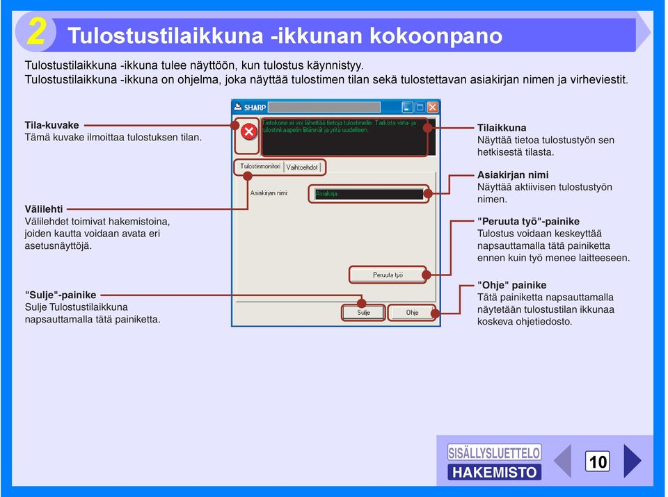 Välilehti Välilehdet toimivat hakemistoina, joiden kautta voidaan avata eri asetusnäyttöjä. "Sulje"-painike Sulje Tulostustilaikkuna napsauttamalla tätä painiketta.