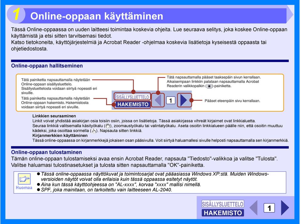 Online-oppaan hallitseminen Tätä painiketta napsauttamalla näytetään Online-oppaan sisällysluettelo. Sisällysluettelosta voidaan siirtyä nopeasti eri sivuille.