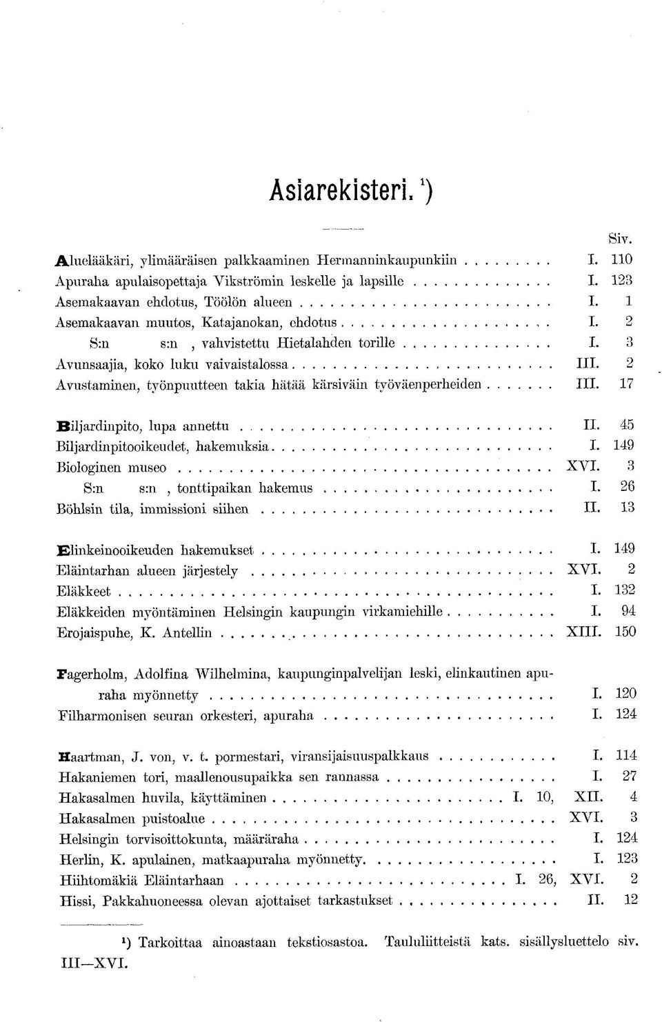 2 Avustaminen, työnpuutteen takia hätää kärsiväin työväenperheiden III. 17 Biljardinpito, lupa annettu II. 45 Biljardinpitooikeuclet, hakemuksia I. 149 Biologinen museo XVI.
