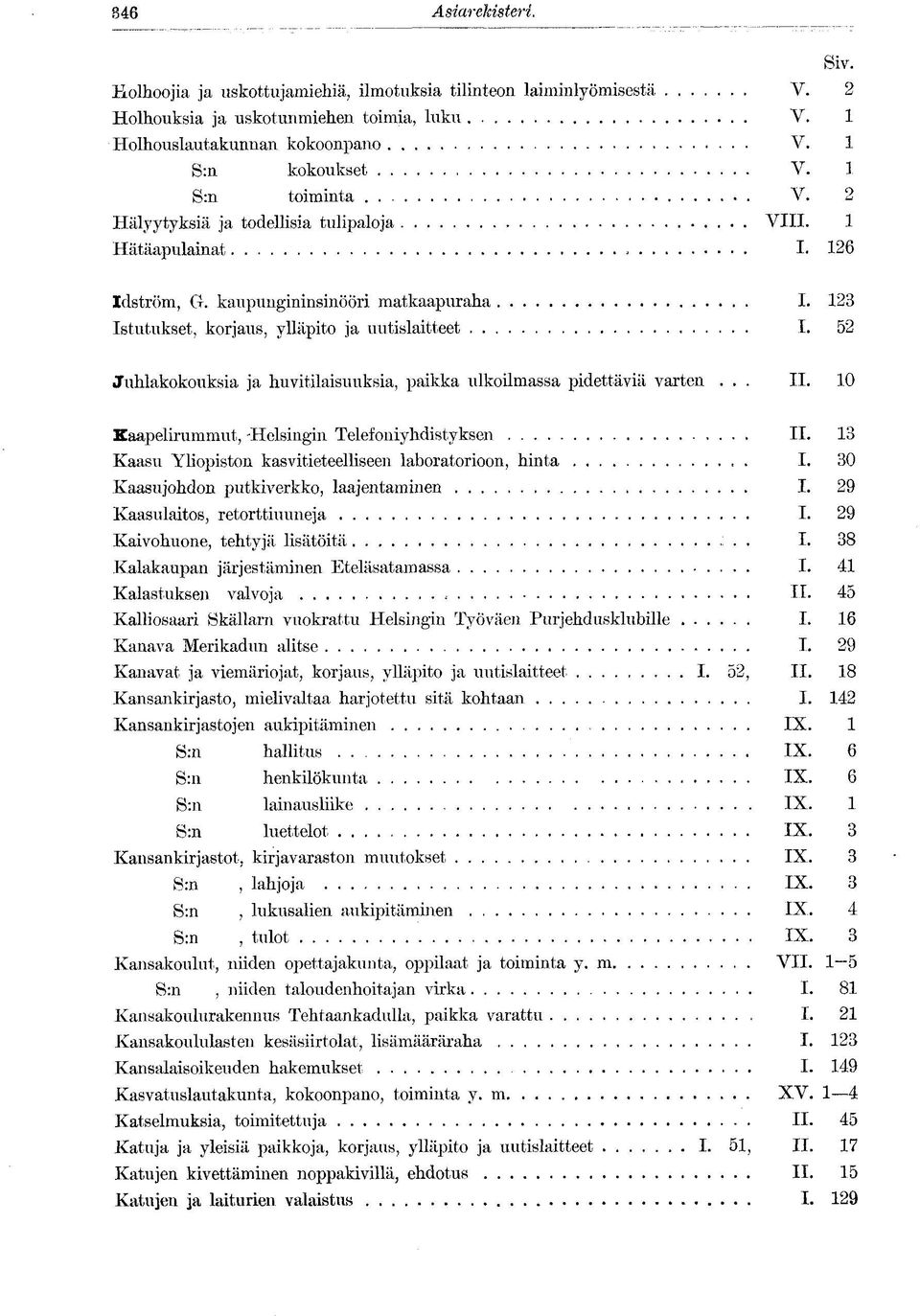 52 Juhlakokouksia ja huvitilaisuuksia, paikka ulkoilmassa pidettäviä varten... II. 10 Xaapelirummut, -Helsingin Telefoniyhdistyksen II. 13 Kaasu Yliopiston kasvitieteelliseen laboratorioon, hinta. I. 30 Kaasujohdon putkiverkko, laajentaminen I.