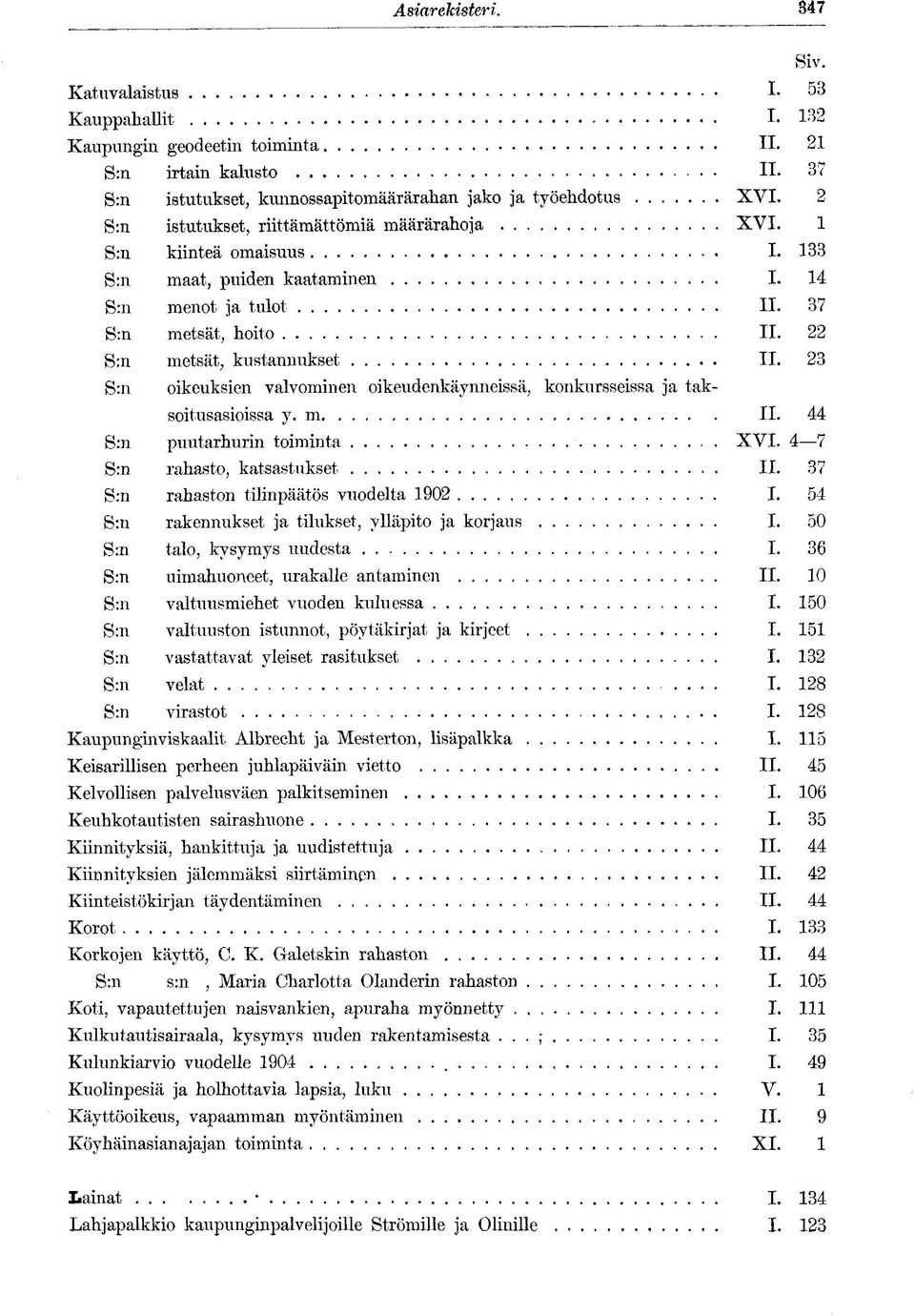 23 S:n oikeuksien valvominen oikeudenkäynneissä, konkursseissa ja taksoitusasioissa y. m II. 44 S:n puutarhurin toiminta. XVI. 4 7 S:n rahasto, katsastukset II.