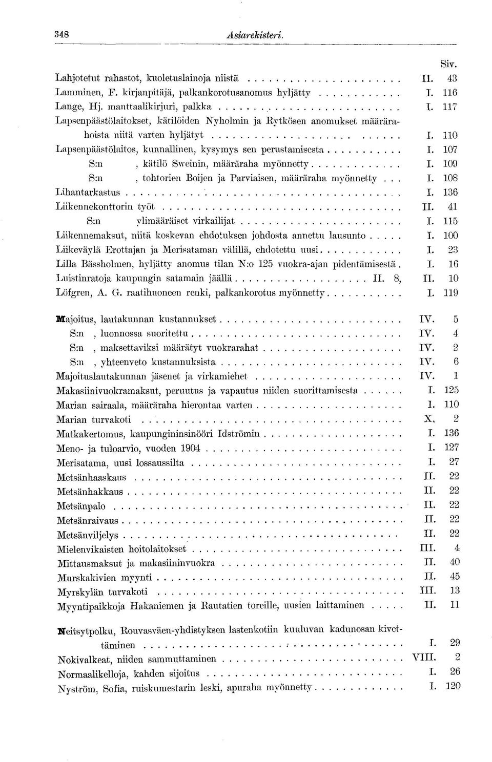 107 S:n, kätilö Sweinin, määräraha myönnetty I. 109 S:n, tohtorien Boijen ja Parviaisen, määräraha myönnetty... I. 108 Lihantarkastus I. 136 Liikennekonttorin työt II.