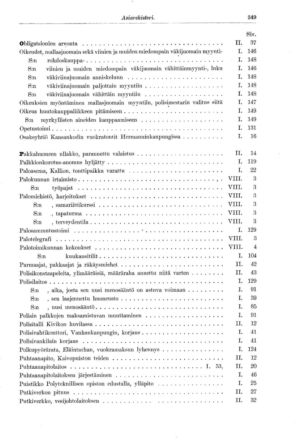 148 S:n väkiviinajuomain vähittäin myyntiin I. 148 Oikeuksien myöntäminen mallasjuomani myyntiin, polisimestarin valitus siitä I. 147 Oikeus huutokauppaliikkeen pitämiseen I.