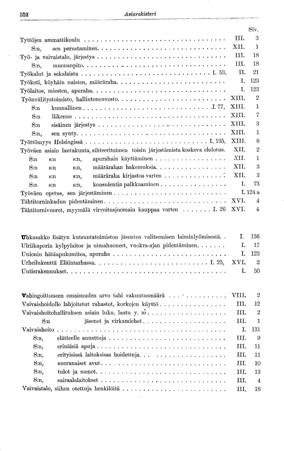 7 S:n sisäinen järjestys XIII. 3 S:n, sen synty XIII. 1 Työttömyys Helsingissä I. 135, XIII. 6 Työväen asiain lautakunta, sihteeritoimen toisin järjestämistä koskeva ehdotus. XII. 2 S:n s:n s:n, apurahain käyttäminen XIL 1 S:n s:n s:n, määrärahan hakemuksia XII.