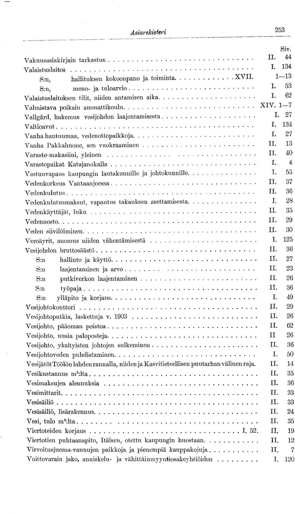 1 7 Vallgärd, hakemus vesijohdon laajentamisesta I 27 Valtioavut L 134 Vanha hautuumaa, vedenottopaikkoja I 27 Vanha Pakkahuone, sen vuokraaminen II 13 Varasto-makasiini, yleinen II 40 Varastopaikat