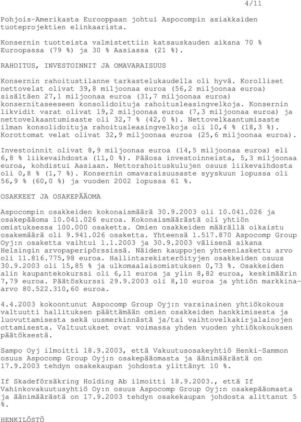 Korolliset nettovelat olivat 39,8 miljoonaa euroa (56,2 miljoonaa euroa) sisältäen 27,1 miljoonaa euroa (31,7 miljoonaa euroa) konsernitaseeseen konsolidoituja rahoitusleasingvelkoja.