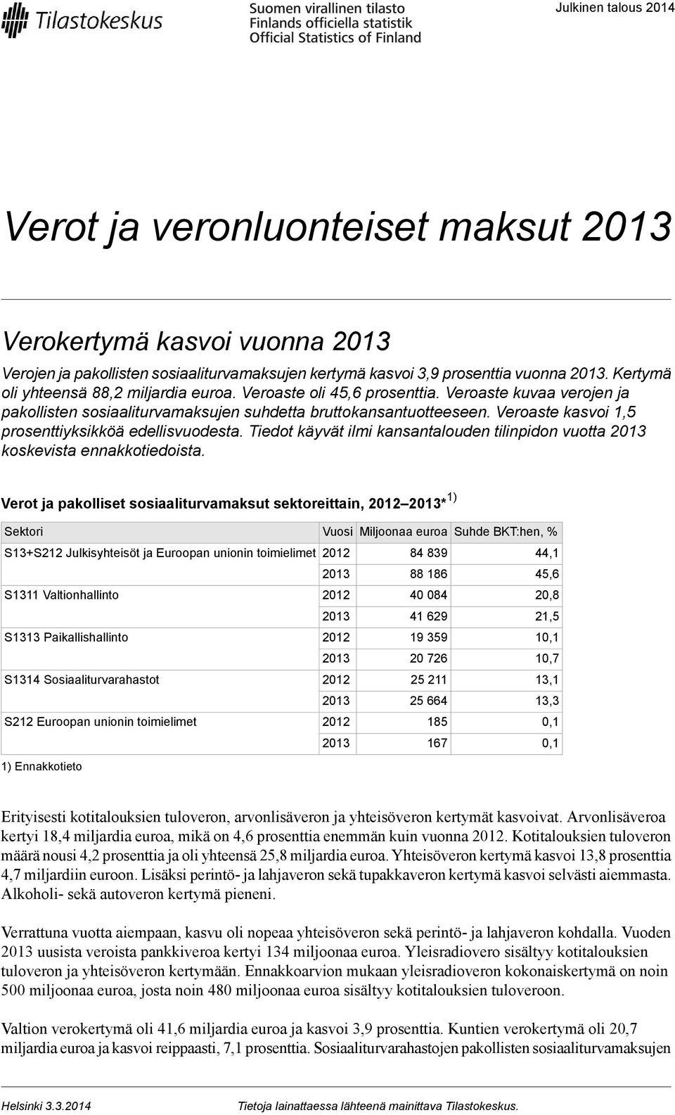 Veroaste kasvoi 1,5 prosenttiyksikköä edellisvuodesta. Tiedot käyvät ilmi kansantalouden tilinpidon vuotta koskevista ennakkotiedoista.