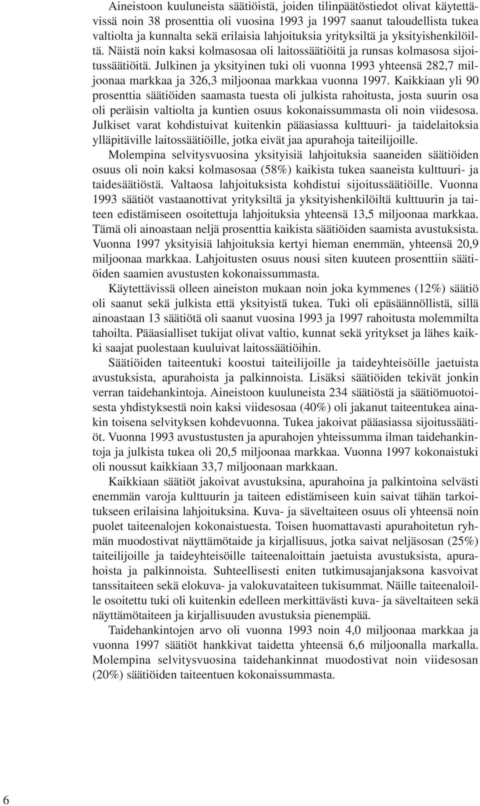 Julkinen ja yksityinen tuki oli vuonna 1993 yhteensä 282,7 miljoonaa markkaa ja 326,3 miljoonaa markkaa vuonna 1997.