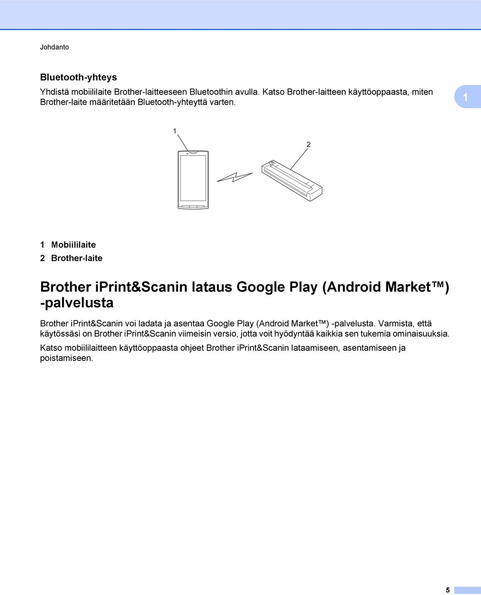 1 1 2 1 Mobiililaite 2 Brother-laite Brother iprint&scanin lataus Google Play (Android Market ) -palvelusta Brother iprint&scanin voi ladata ja asentaa