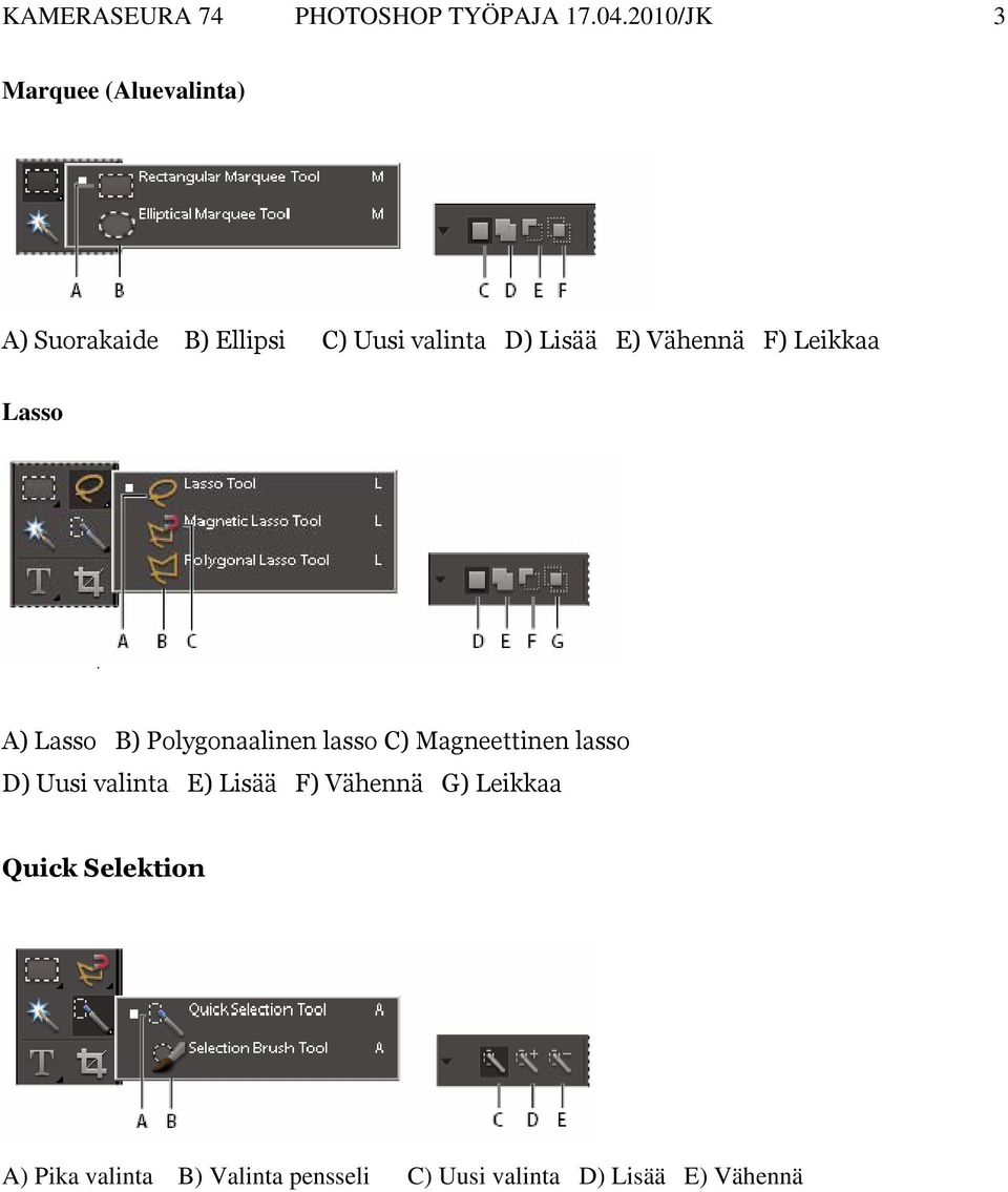 Vähennä F) Leikkaa Lasso A) Lasso B) Polygonaalinen lasso C) Magneettinen lasso D)