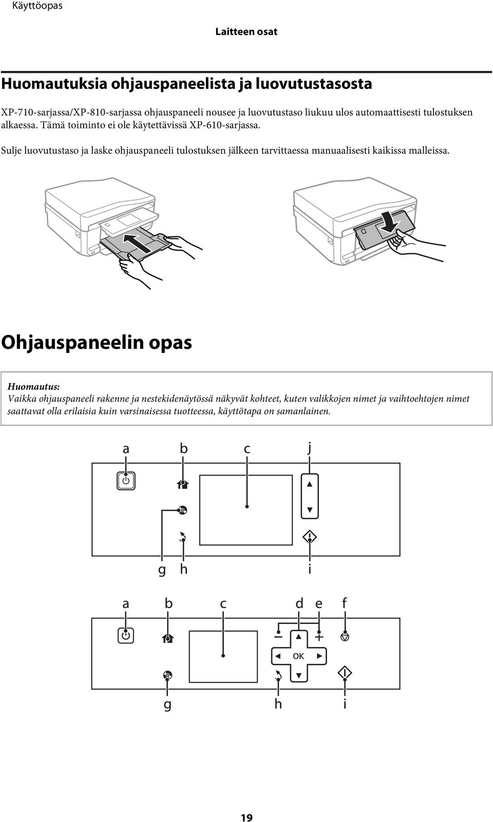 Sulje luovutustaso ja laske ohjauspaneeli tulostuksen jälkeen tarvittaessa manuaalisesti kaikissa malleissa.