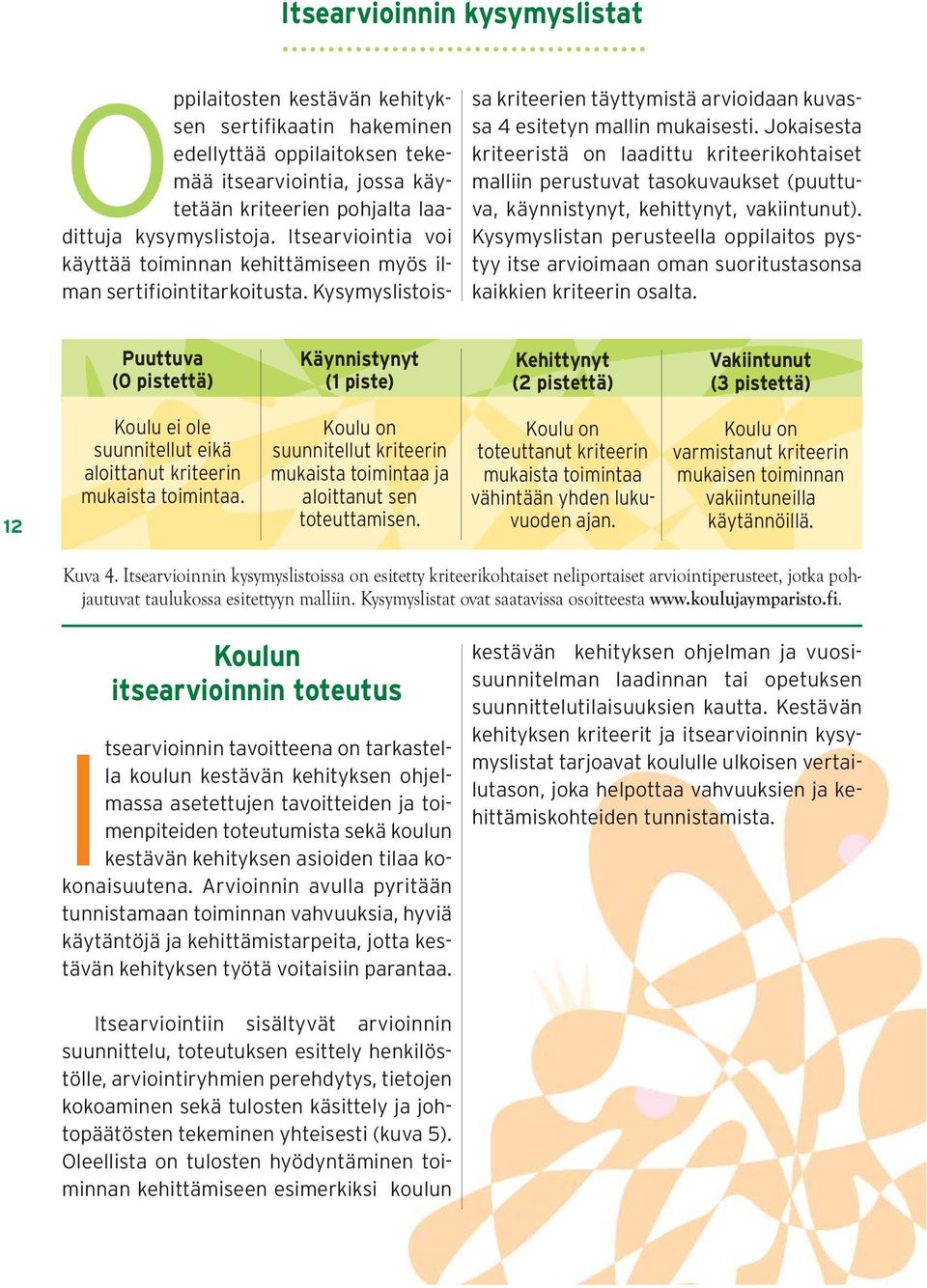 Jokaisesta kriteeristä on laadittu kriteerikohtaiset malliin perustuvat tasokuvaukset (puuttuva, käynnistynyt, kehittynyt, vakiintunut).