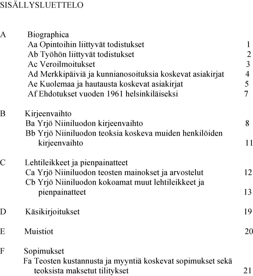 teoksia koskeva muiden henkilöiden kirjeenvaihto 11 Lehtileikkeet ja pienpainatteet Ca Yrjö Niiniluodon teosten mainokset ja arvostelut 12 Cb Yrjö Niiniluodon kokoamat muut