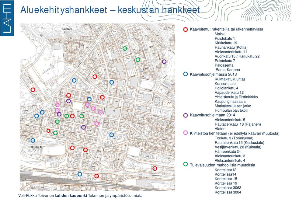 päiväkoti Kaavoitusohjelmaan 2014 Aleksanterinkatu 5 Rautatienkatu 18 (Rajanen) Alatori Kiinteistöä kehitetään (ei edellytä kaavan muutosta) Torikatu 3 (Torinkulma) Rautatienkatu 15 (Keskustalo)