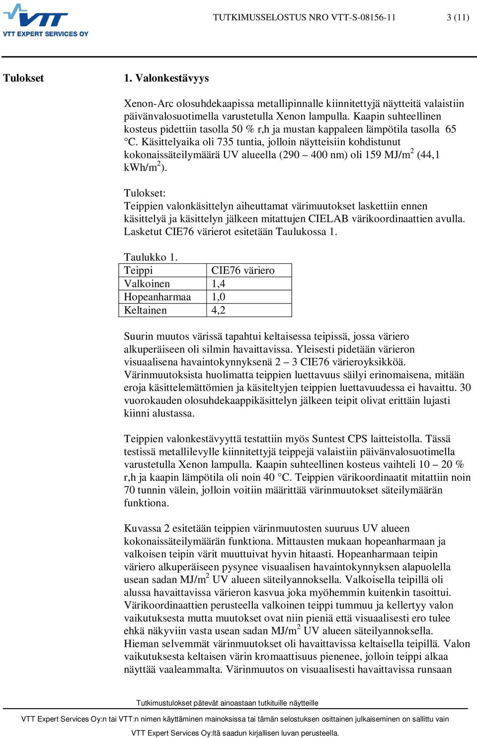 Käsittelyaika oli 735 tuntia, jolloin näytteisiin kohdistunut kokonaissäteilymäärä UV alueella (290 400 nm) oli 159 MJ/m 2 (44,1 kwh/m 2 ).