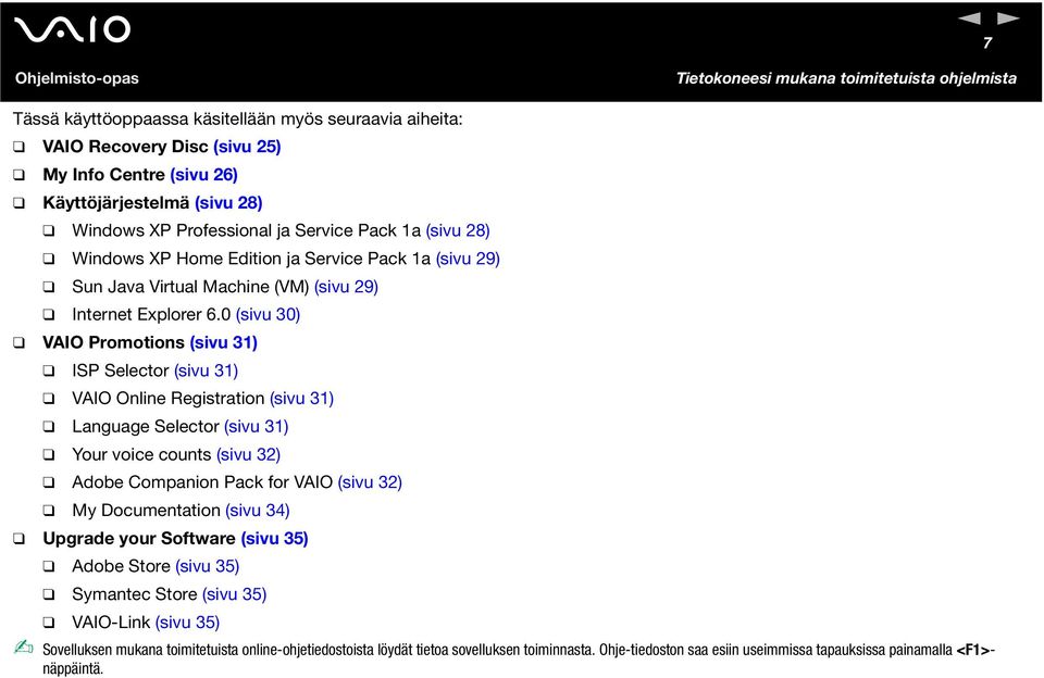 0 (sivu 30) VAIO Promotions (sivu 31) ISP Selector (sivu 31) VAIO Online Registration (sivu 31) Language Selector (sivu 31) Your voice counts (sivu 32) Adobe Companion Pack for VAIO (sivu 32) My