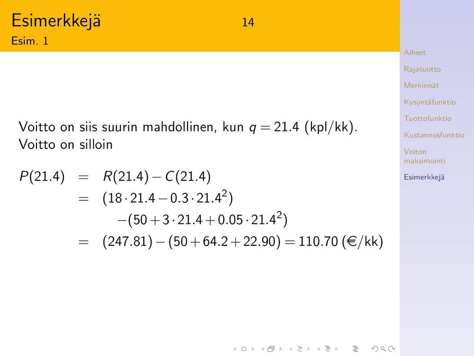 4 (kpl/kk). Voitto on silloin P(21.4) = R(21.4) C(21.