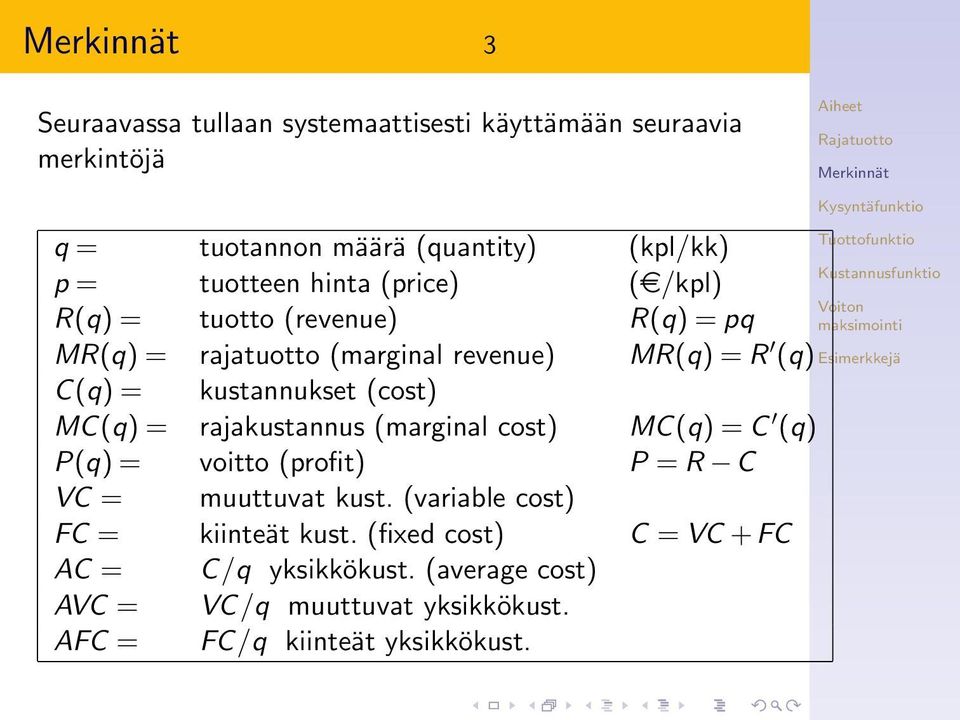 MC(q) = rajakustannus (marginal cost) MC(q) = C (q) P(q) = voitto (profit) P = R C VC = muuttuvat kust.