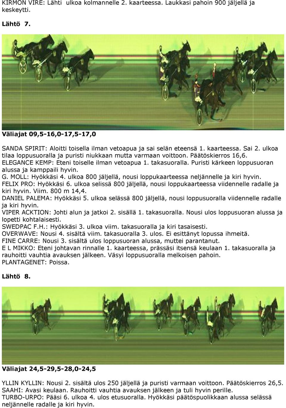 Päätöskierros 16,6. ELEGANCE KEMP: Eteni toiselle ilman vetoapua 1. takasuoralla. Puristi kärkeen loppusuoran alussa ja kamppaili hyvin. G. MOLL: Hyökkäsi 4.