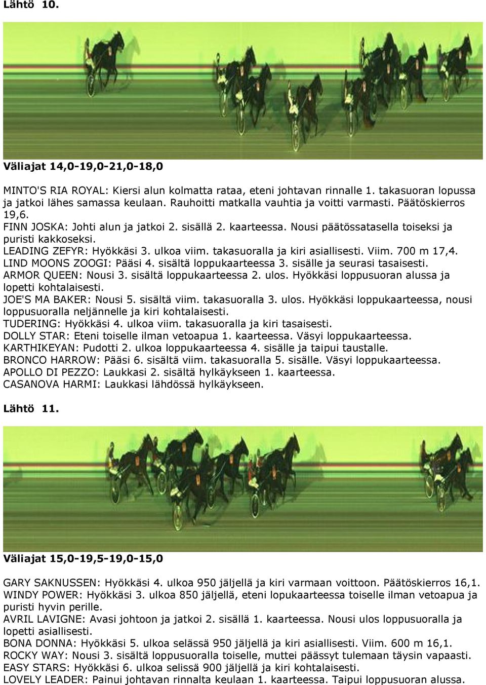 LEADING ZEFYR: Hyökkäsi 3. ulkoa viim. takasuoralla ja kiri asiallisesti. Viim. 700 m 17,4. LIND MOONS ZOOGI: Pääsi 4. sisältä loppukaarteessa 3. sisälle ja seurasi tasaisesti. ARMOR QUEEN: Nousi 3.