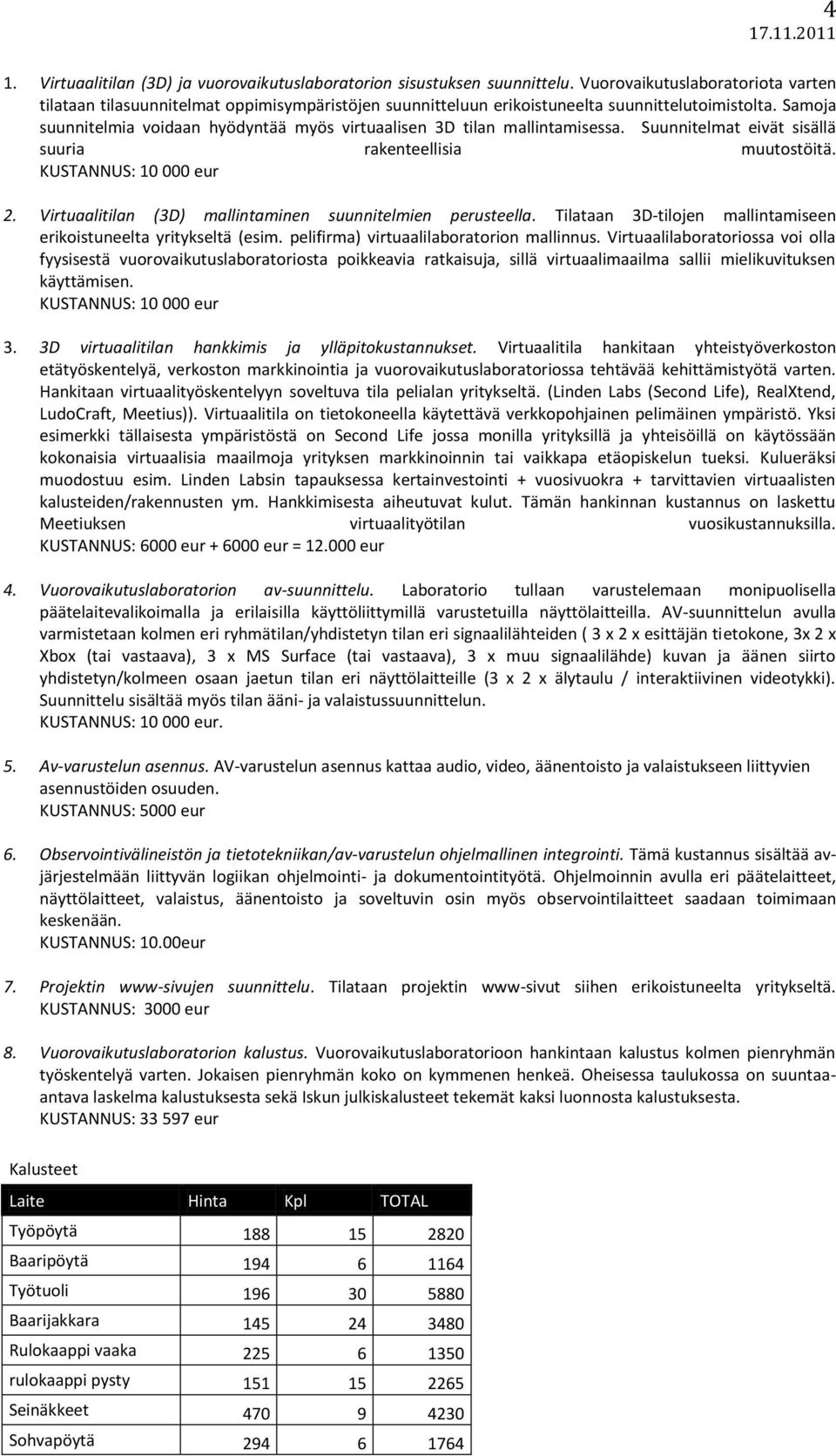 Samoja suunnitelmia voidaan hyödyntää myös virtuaalisen 3D tilan mallintamisessa. Suunnitelmat eivät sisällä suuria rakenteellisia muutostöitä. KUSTANNUS: 10 000 eur 2.