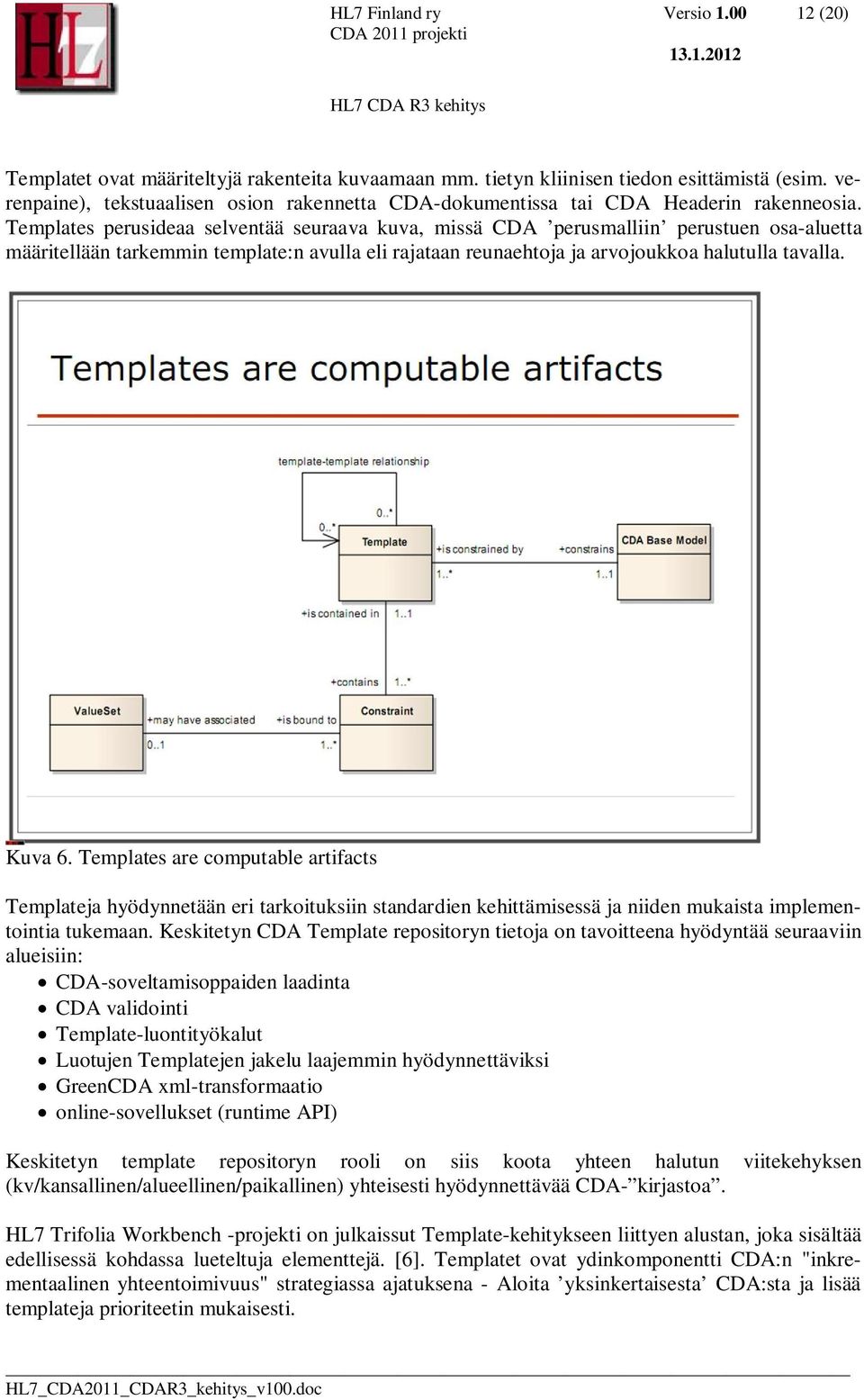Templates perusideaa selventää seuraava kuva, missä CDA perusmalliin perustuen osa-aluetta määritellään tarkemmin template:n avulla eli rajataan reunaehtoja ja arvojoukkoa halutulla tavalla. Kuva 6.