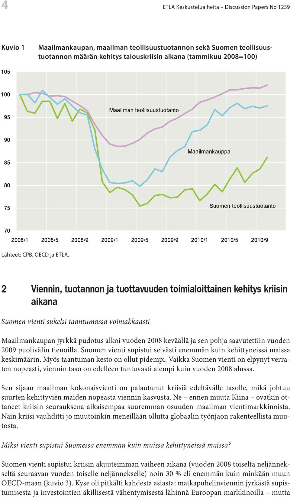 2 Viennin, tuotannon ja tuottavuuden toimialoittainen kehitys kriisin aikana Suomen vienti sukelsi taantumassa voimakkaasti Maailmankaupan jyrkkä pudotus alkoi vuoden 2008 keväällä ja sen pohja