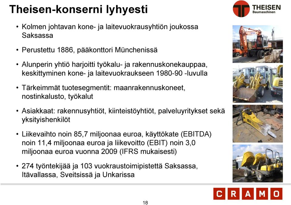 rakennusyhtiöt, kiinteistöyhtiöt, palveluyritykset sekä yksityishenkilöt Liikevaihto noin 85,7 miljoonaa euroa, käyttökate (EBITDA) noin 11,4 miljoonaa euroa ja