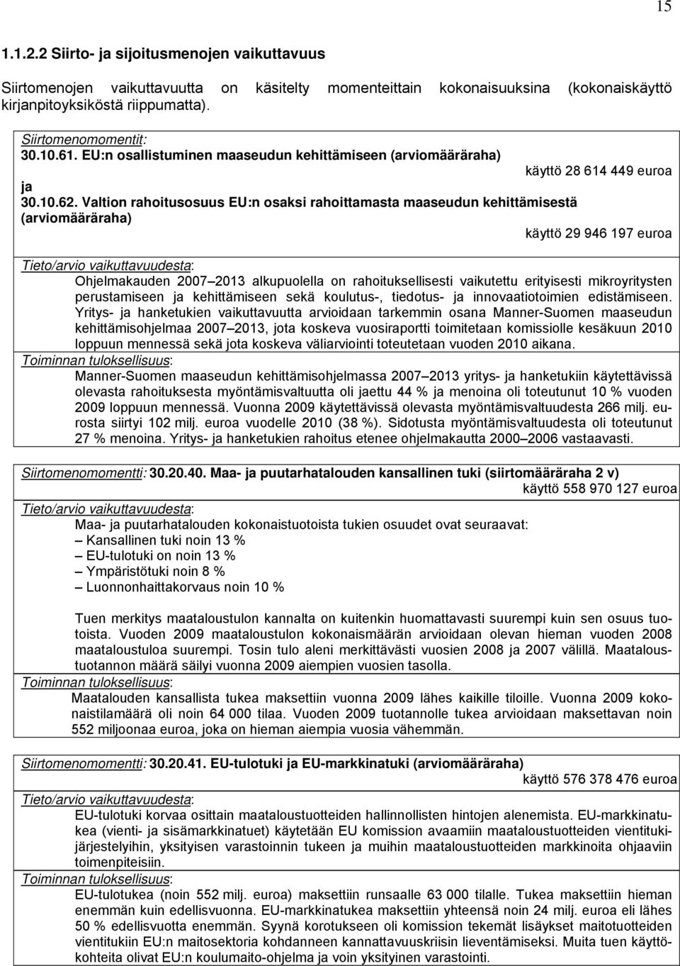 Valtion rahoitusosuus EU:n osaksi rahoittamasta maaseudun kehittämisestä (arviomääräraha) käyttö 29 946 197 euroa Tieto/arvio vaikuttavuudesta: Ohjelmakauden 2007 2013 alkupuolella on