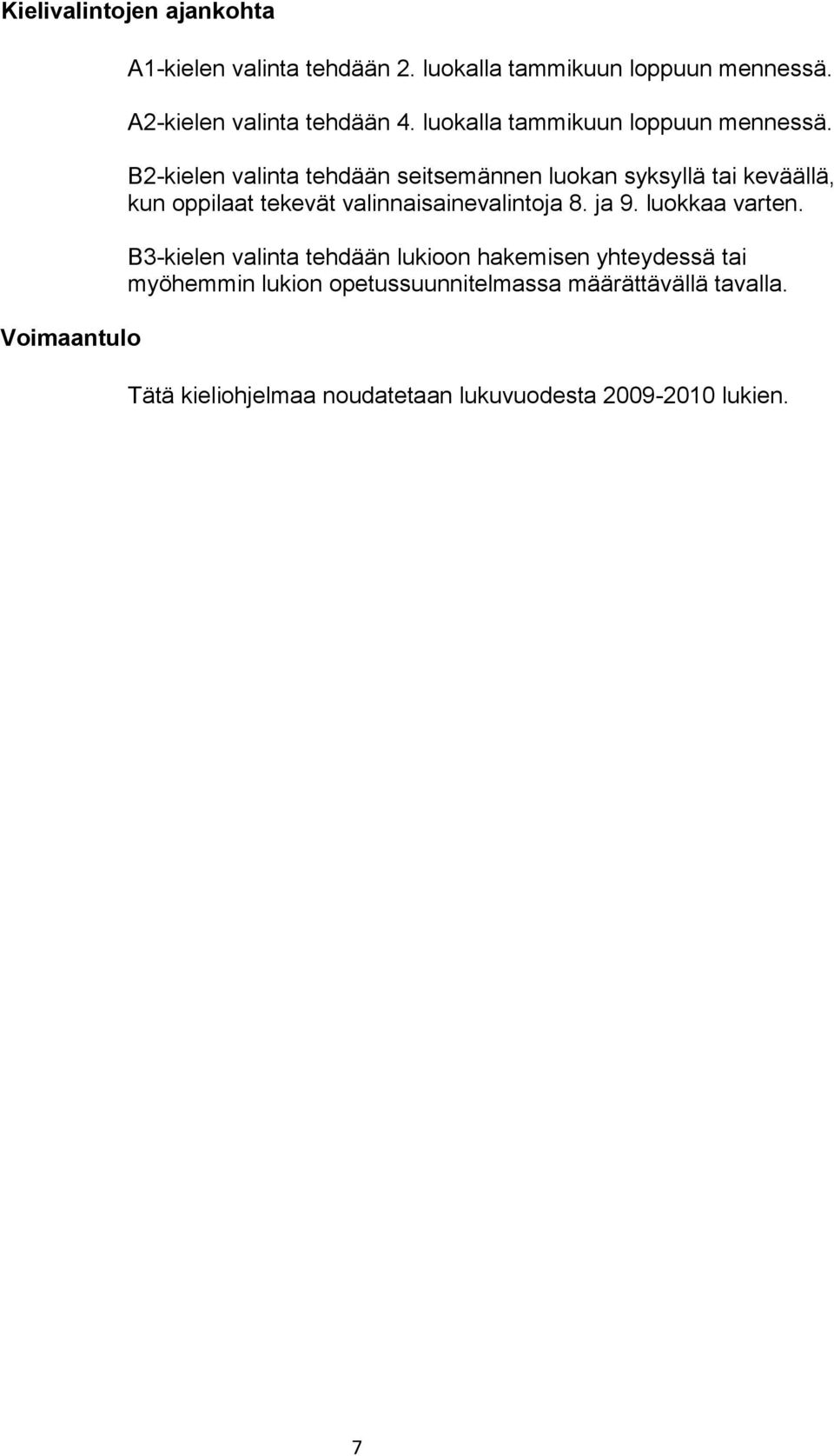 B2-kielen valinta tehdään seitsemännen luokan syksyllä tai keväällä, kun oppilaat tekevät valinnaisainevalintoja 8. ja 9.