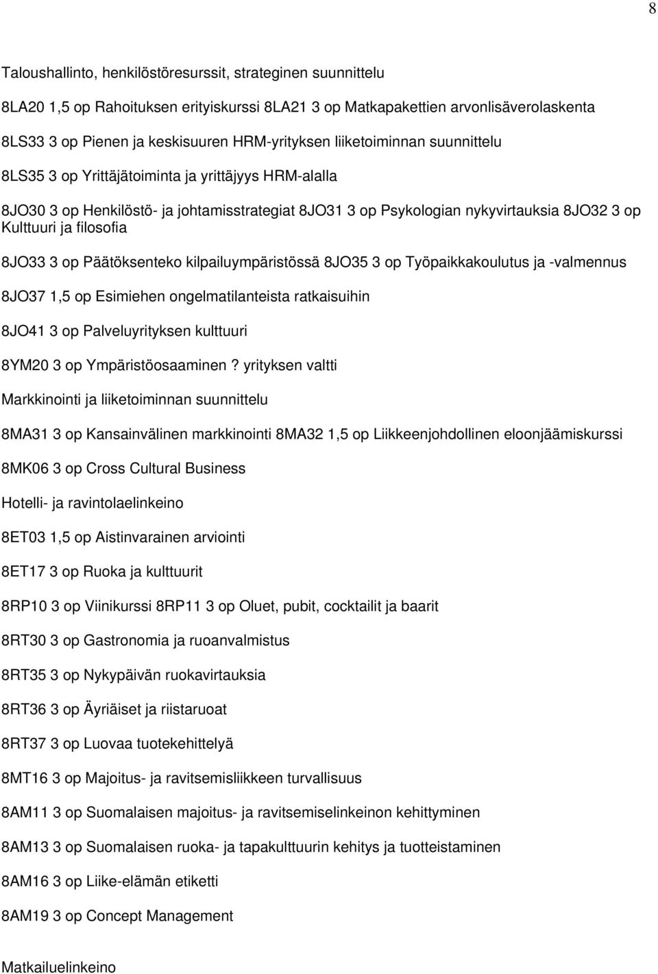 8JO33 3 op Päätöksenteko kilpailuympäristössä 8JO35 3 op Työpaikkakoulutus ja -valmennus 8JO37 1,5 op Esimiehen ongelmatilanteista ratkaisuihin 8JO41 3 op Palveluyrityksen kulttuuri 8YM20 3 op