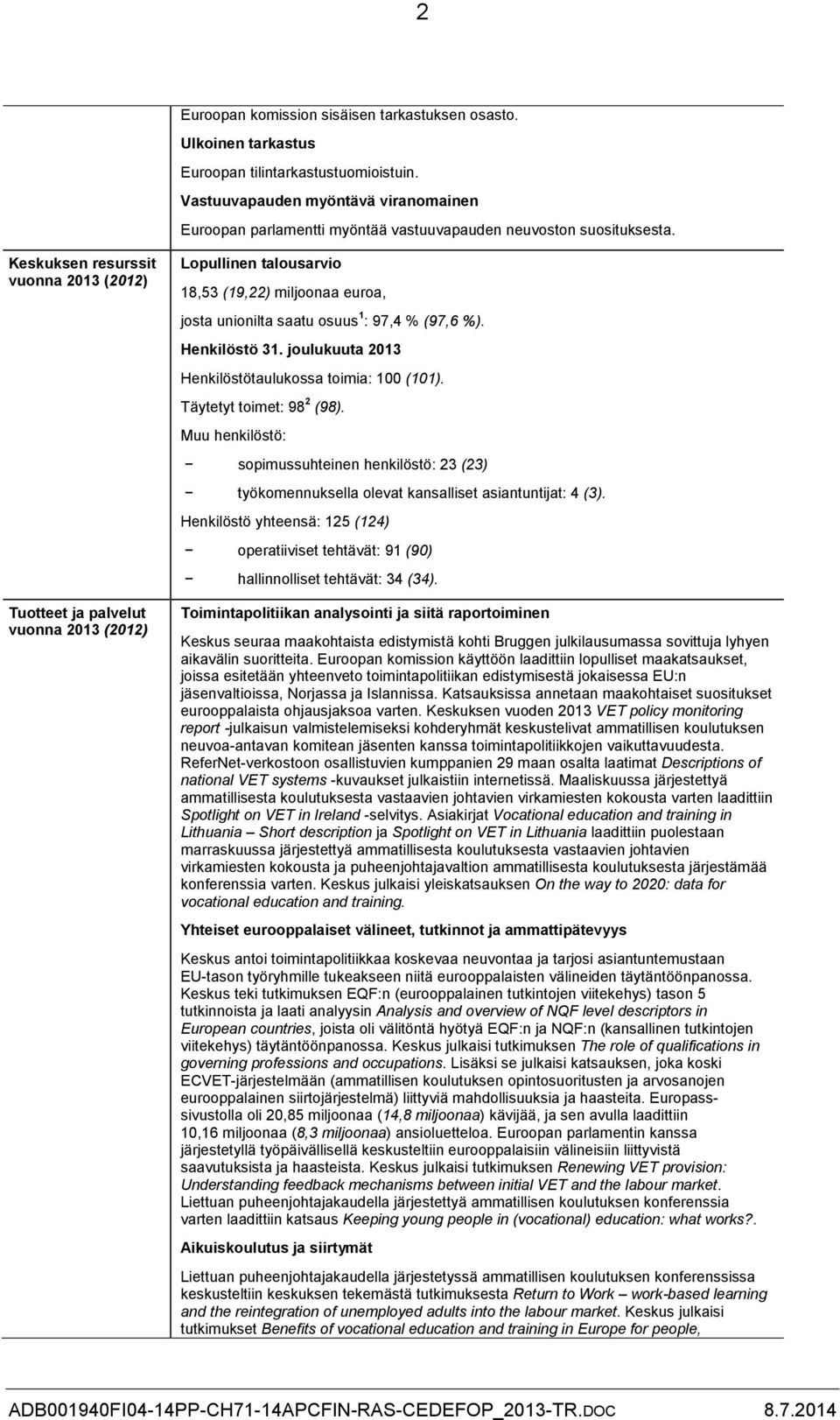 Keskuksen resurssit vuonna 2013 (2012) Tuotteet ja palvelut vuonna 2013 (2012) Lopullinen talousarvio 18,53 (19,22) miljoonaa euroa, josta unionilta saatu osuus 1 : 97,4 % (97,6 %). Henkilöstö 31.