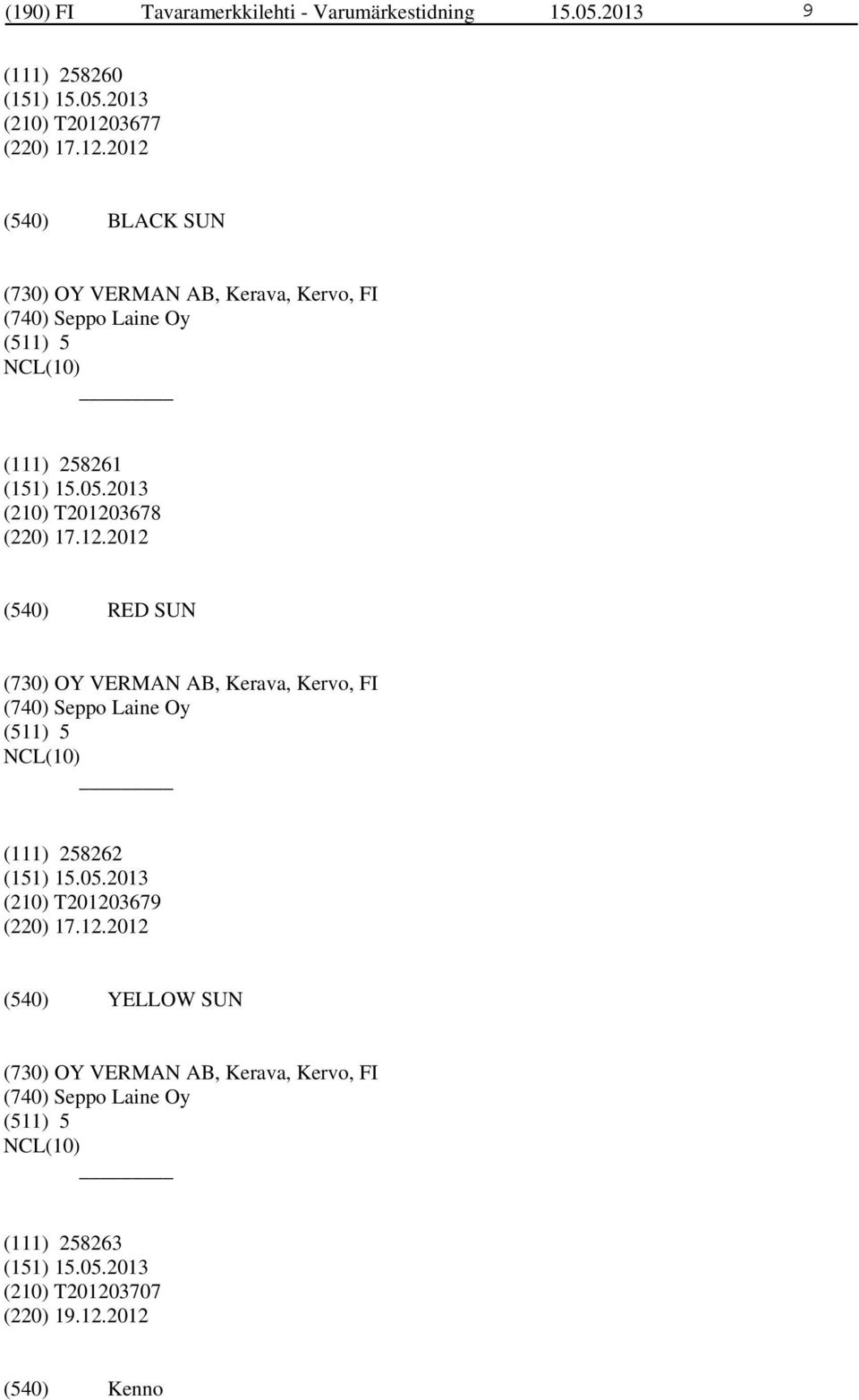 2012 BLACK SUN (730) OY VERMAN AB, Kerava, Kervo, FI (740) Seppo Laine Oy (511) 5 (111) 258261 (210) T201203678 (220) 17.