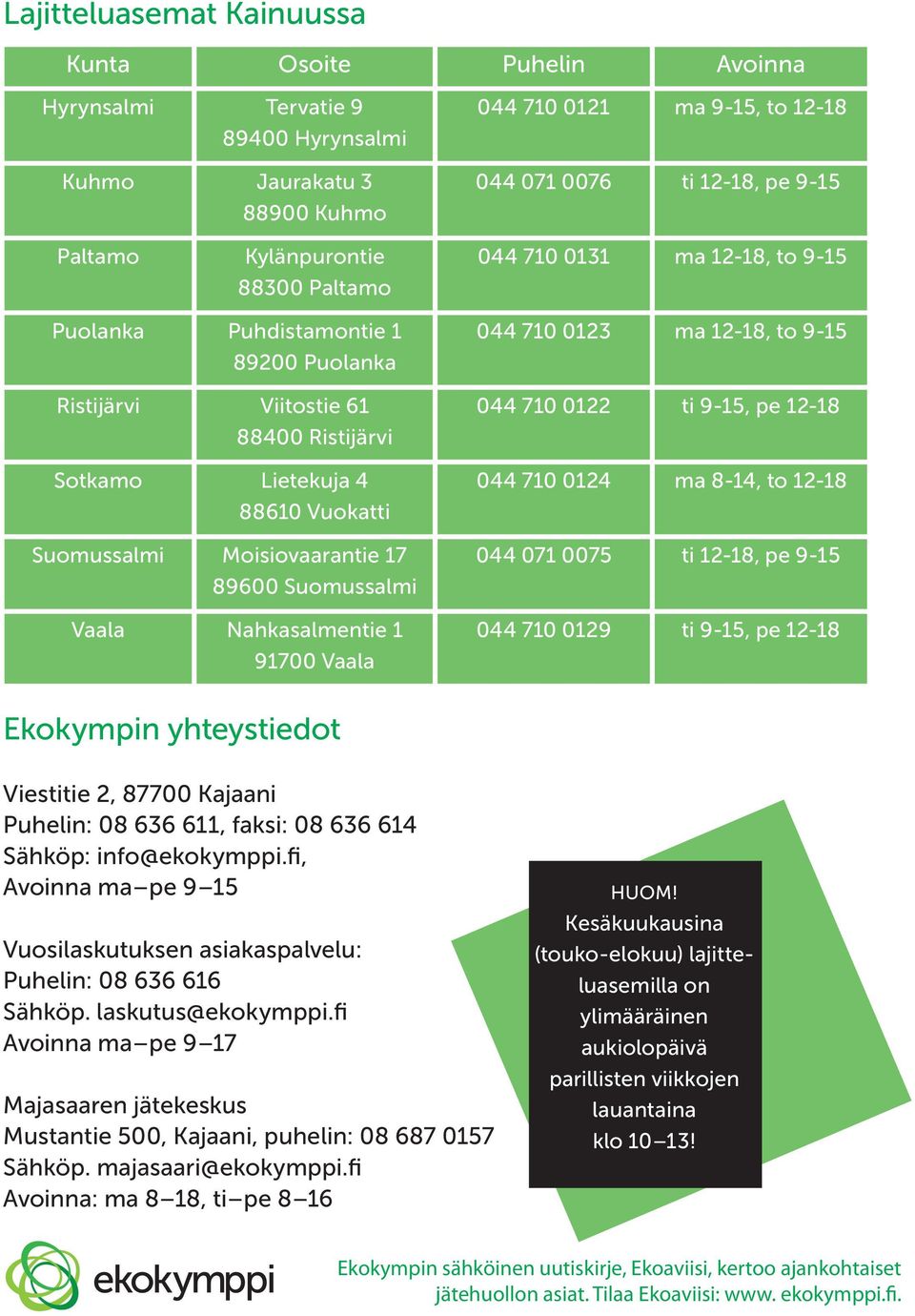 Moisiovaarantie 17 89600 Suomussalmi Vaala Nahkasalmentie 1 91700 Vaala 044 710 0123 ma 12-18, to 9-15 044 710 0122 ti 9-15, pe 12-18 044 710 0124 ma 8-14, to 12-18 044 071 0075 ti 12-18, pe 9-15 044