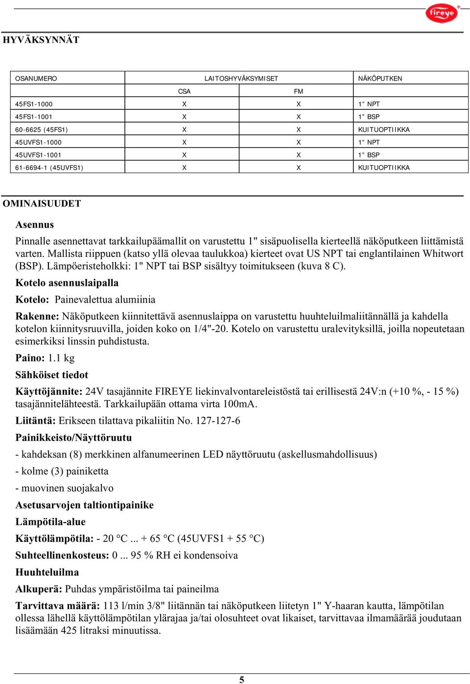 Mallista riippuen (katso yllä olevaa taulukkoa) kierteet ovat US NPT tai englantilainen Whitwort (BSP). Lämpöeristeholkki: 1" NPT tai BSP sisältyy toimitukseen (kuva 8 C).