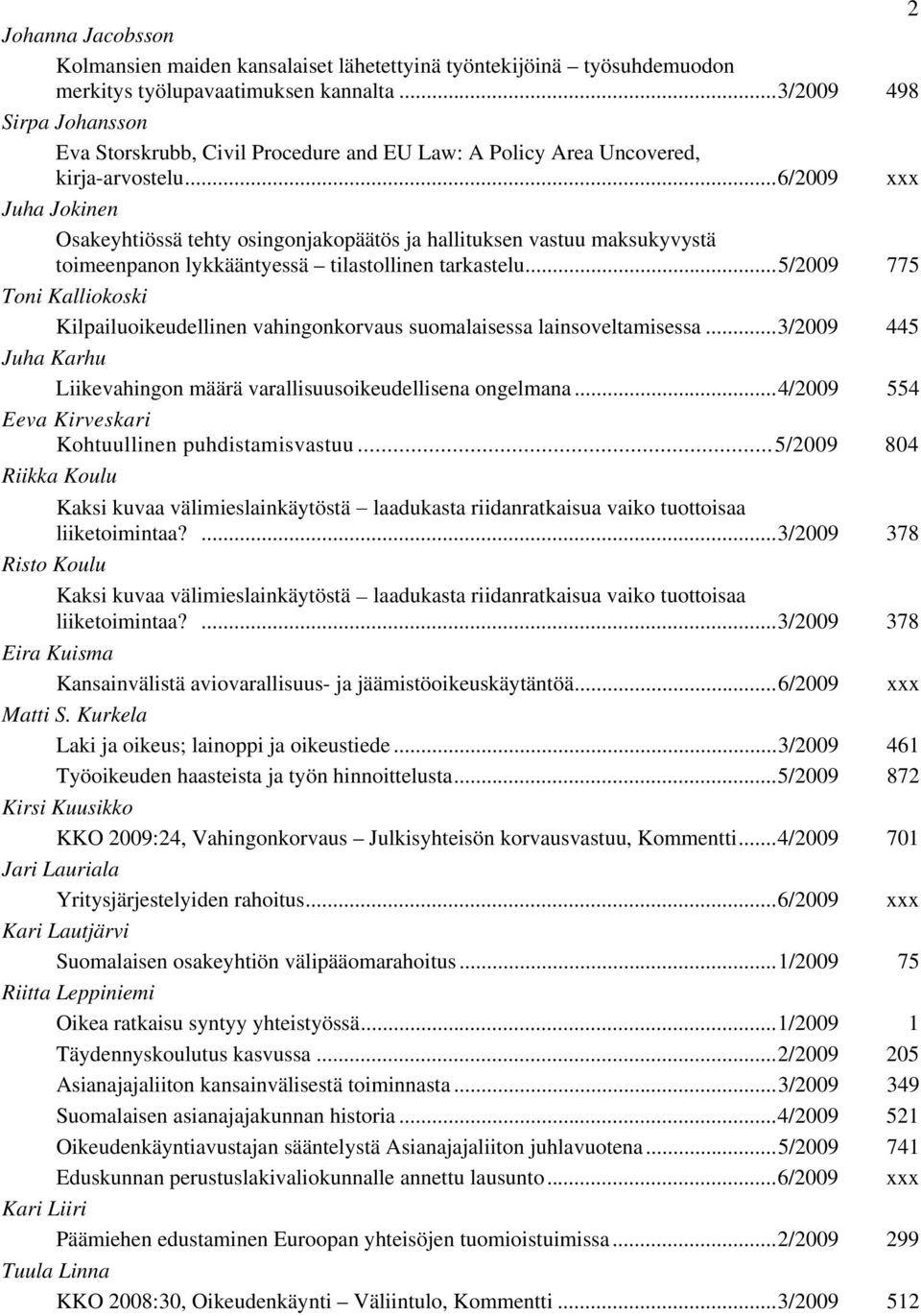 ..6/2009 xxx Juha Jokinen Toni Kalliokoski Kilpailuoikeudellinen vahingonkorvaus suomalaisessa lainsoveltamisessa...3/2009 445 Juha Karhu Liikevahingon määrä varallisuusoikeudellisena ongelmana.