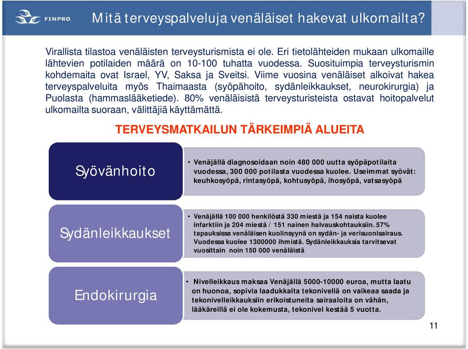 Viime vuosina venäläiset alkoivat hakea terveyspalveluita myös Thaimaasta (syöpähoito, sydänleikkaukset, neurokirurgia) ja Puolasta (hammaslääketiede).