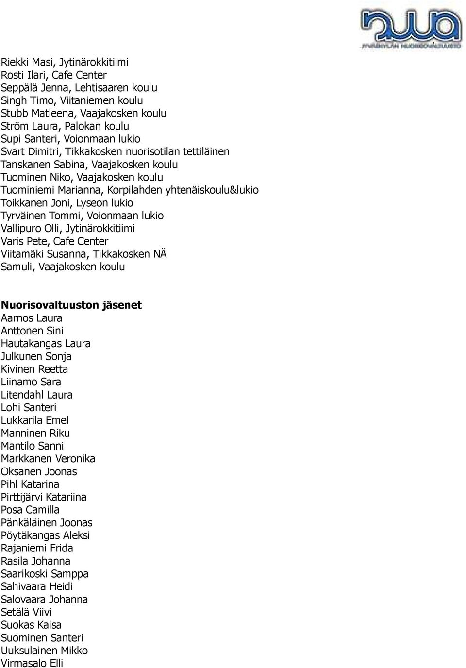 Joni, Lyseon lukio Tyrväinen Tommi, Voionmaan lukio Vallipuro Olli, Jytinärokkitiimi Varis Pete, Cafe Center Viitamäki Susanna, Tikkakosken NÄ Samuli, Vaajakosken koulu Nuorisovaltuuston jäsenet