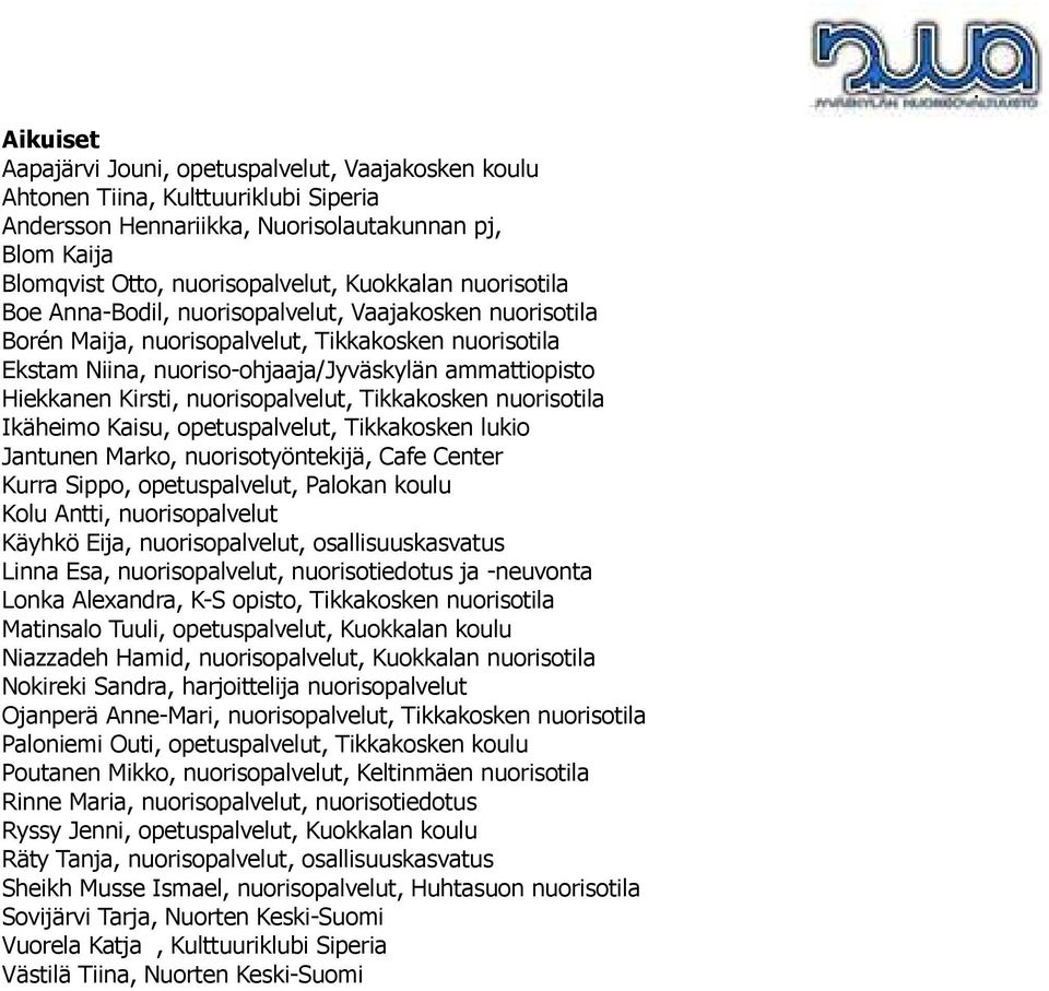 nuorisopalvelut, Tikkakosken nuorisotila Ikäheimo Kaisu, opetuspalvelut, Tikkakosken lukio Jantunen Marko, nuorisotyöntekijä, Cafe Center Kurra Sippo, opetuspalvelut, Palokan koulu Kolu Antti,